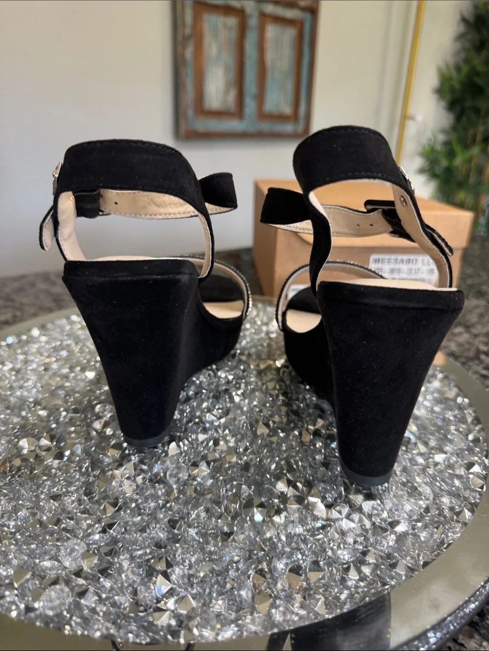 Sugar Black Wedge Sandals with Crystal Front Strap NEW 8.5